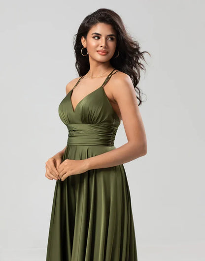 A Line Spaghetti Straps Olive Long with Ruffles Bridesmaid Dress