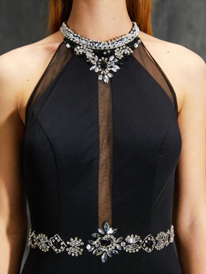 Sheath/Column High Neck Sleeveless Sweep/Brush Train Beading Spandex Dresses
