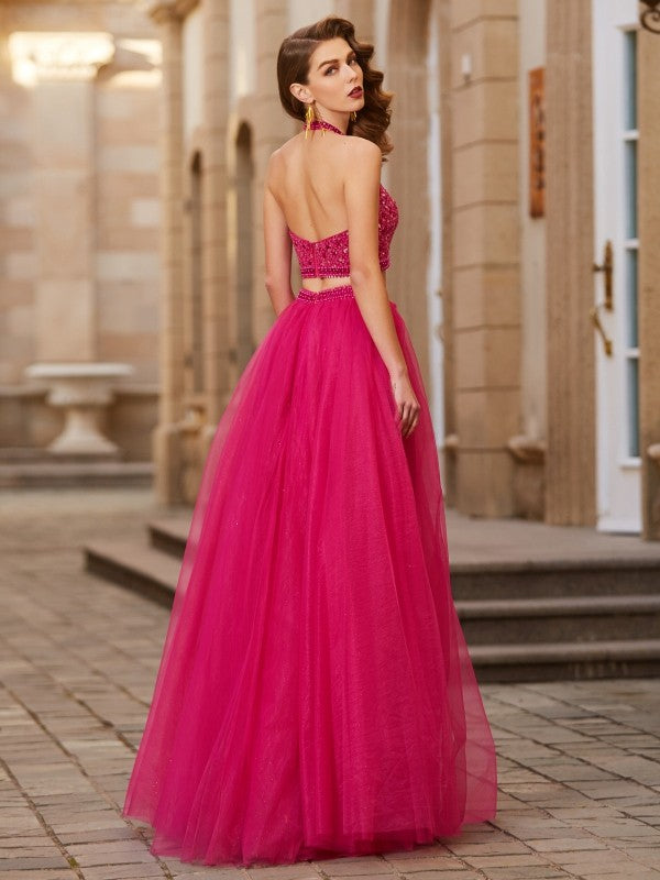 A-Line/Princess Halter Beading Sleeveless Tulle Floor-Length Two Piece Dresses