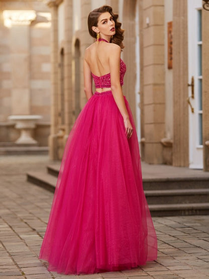 A-Line/Princess Halter Beading Sleeveless Tulle Floor-Length Two Piece Dresses