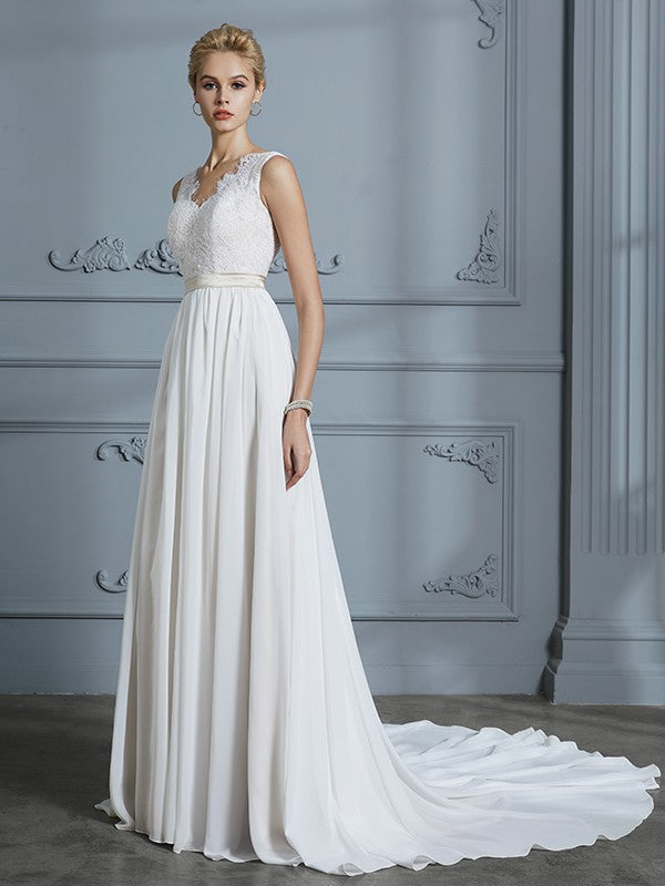 A-Line/Princess Sleeveless V-neck Chiffon Court Train Wedding Dresses
