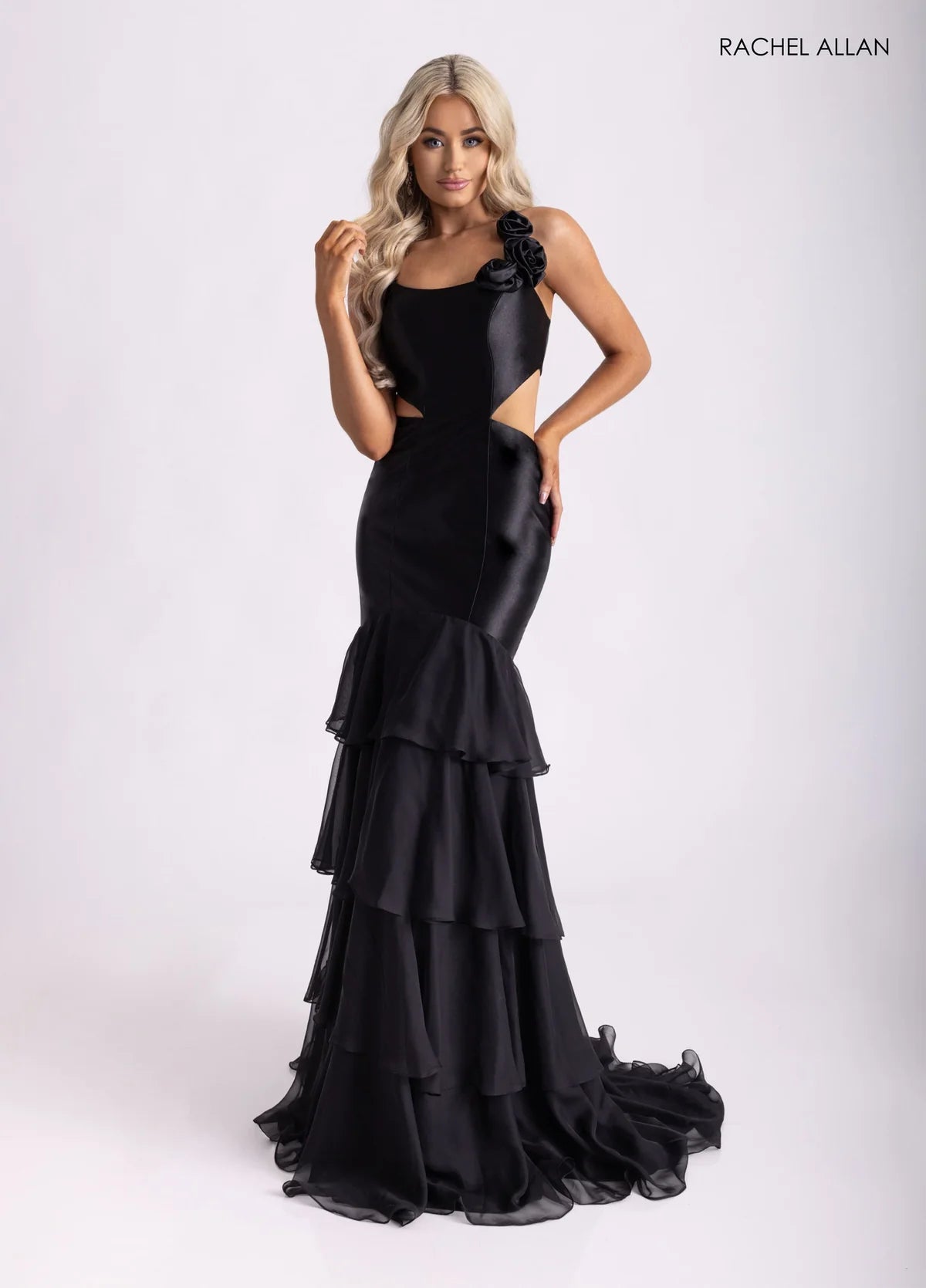 Romantic Rachel Allan Prom Dresses with Satin 3D Floral Cutout and Tiered Ruffle Skirt