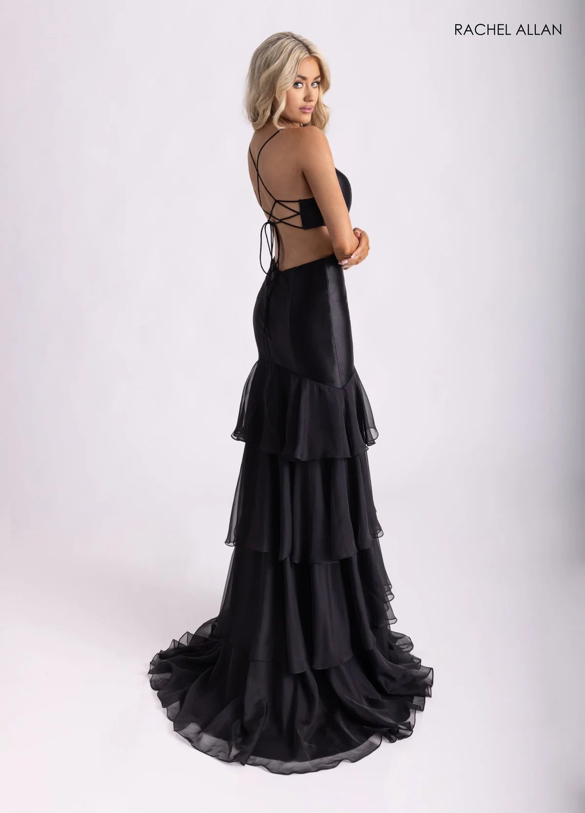 Romantic Rachel Allan Prom Dresses with Satin 3D Floral Cutout and Tiered Ruffle Skirt