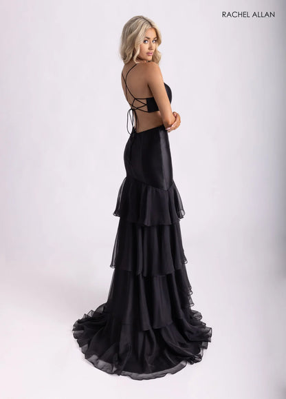 Romantic Rachel Allan Prom Dresses with Satin 3D Floral Cutout and Tiered Ruffle Skirt