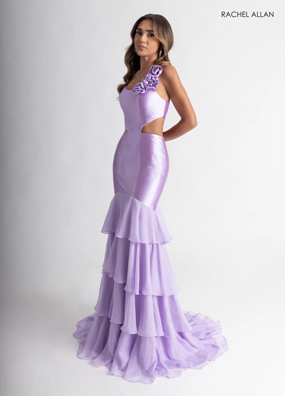 Romantic Rachel Allan Prom Dresses with Satin 3D Floral Cutout and Tiered Ruffle Skirt