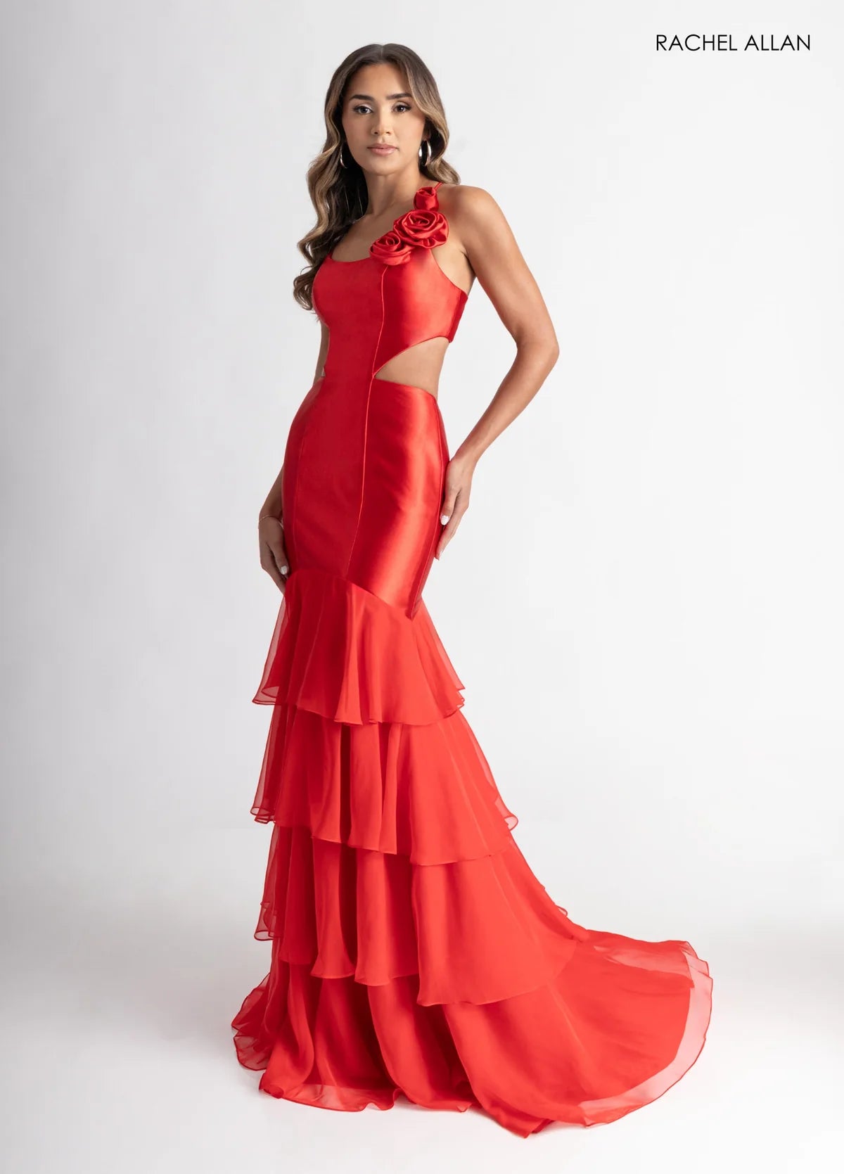 Romantic Rachel Allan Prom Dresses with Satin 3D Floral Cutout and Tiered Ruffle Skirt