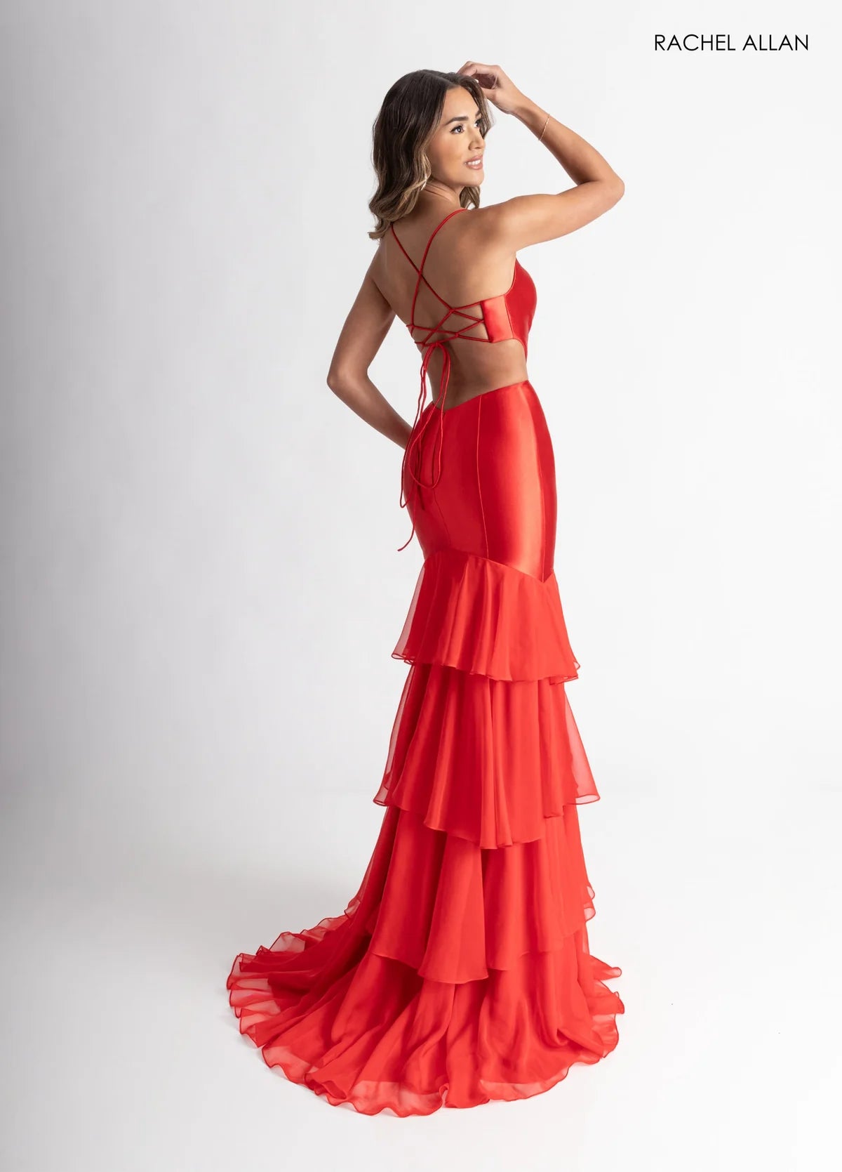 Romantic Rachel Allan Prom Dresses with Satin 3D Floral Cutout and Tiered Ruffle Skirt