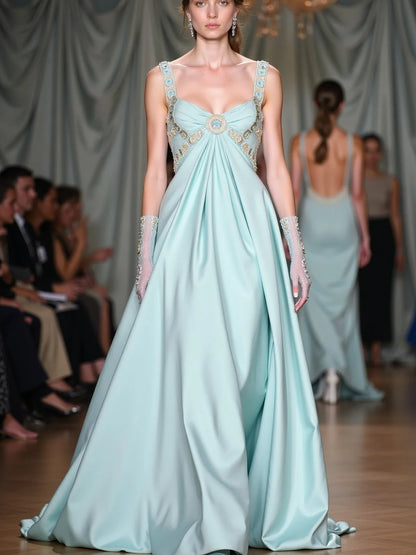 Square Neck Mint Satin Prom Dresses with Beaded Embroidery and Empire Waist