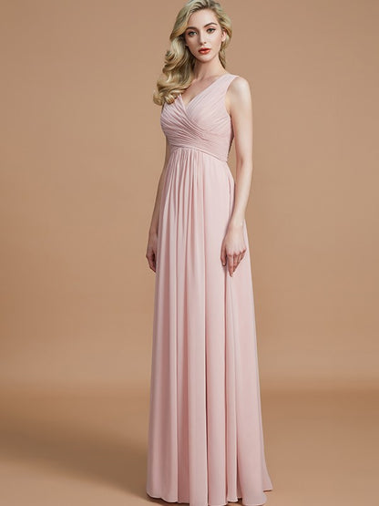 A-Line/Princess V-neck Sleeveless Ruched Floor-Length Chiffon Bridesmaid Dresses