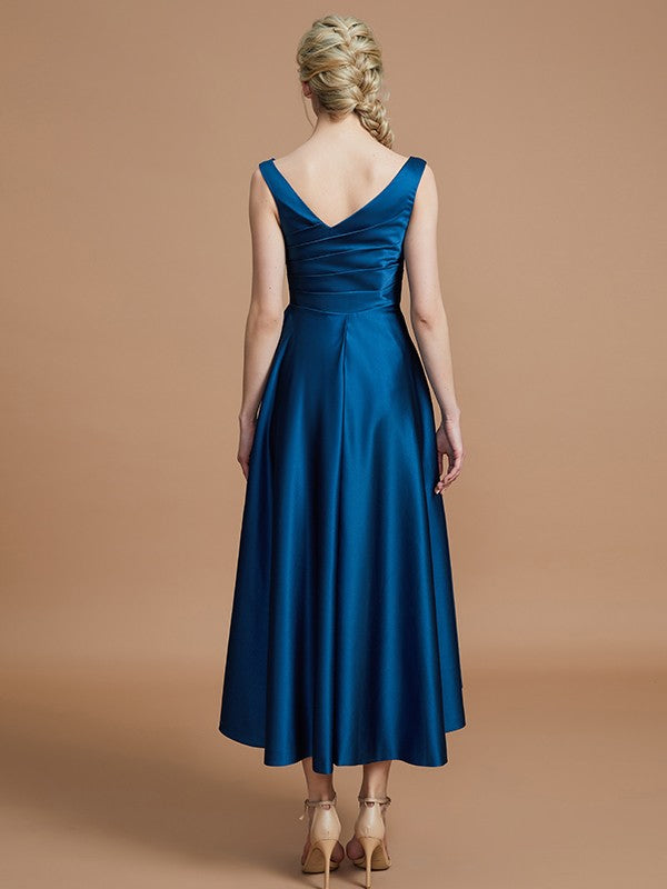 A-Line/Princess V-neck Satin Asymmetrical Sleeveless Bridesmaid Dresses