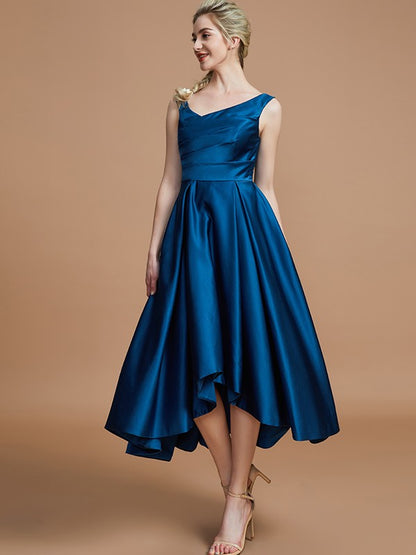 A-Line/Princess V-neck Satin Asymmetrical Sleeveless Bridesmaid Dresses