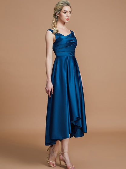 A-Line/Princess V-neck Satin Asymmetrical Sleeveless Bridesmaid Dresses