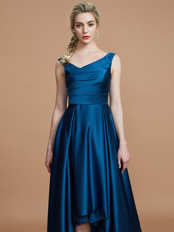 A-Line/Princess V-neck Satin Asymmetrical Sleeveless Bridesmaid Dresses