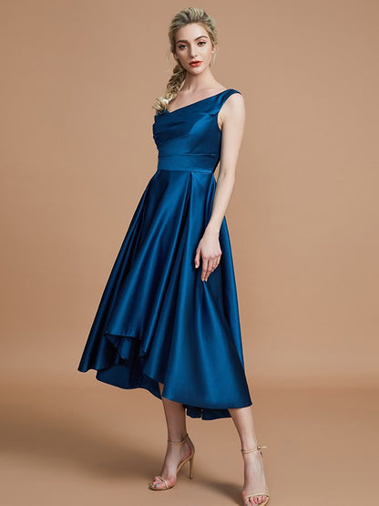A-Line/Princess V-neck Satin Asymmetrical Sleeveless Bridesmaid Dresses