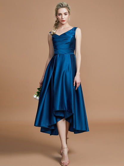 A-Line/Princess V-neck Satin Asymmetrical Sleeveless Bridesmaid Dresses