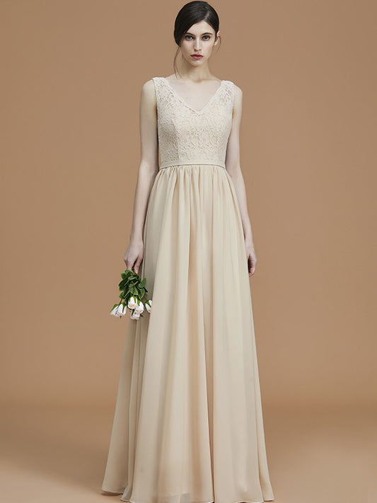 A-Line/Princess V-neck Sleeveless Floor-Length Ruffles Chiffon Bridesmaid Dresses