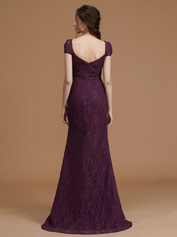 Sheath/Column Sweetheart Short Sleeves Sweep/Brush Train Lace Satin Bridesmaid Dresses