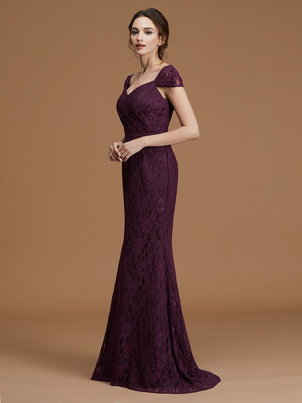 Sheath/Column Sweetheart Short Sleeves Sweep/Brush Train Lace Satin Bridesmaid Dresses