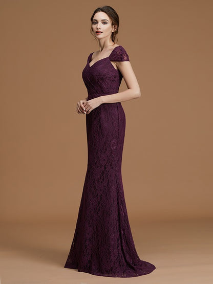 Sheath/Column Sweetheart Short Sleeves Sweep/Brush Train Lace Satin Bridesmaid Dresses