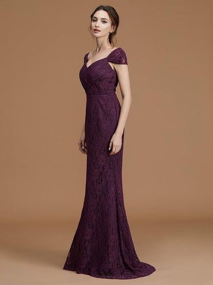 Sheath/Column Sweetheart Short Sleeves Sweep/Brush Train Lace Satin Bridesmaid Dresses