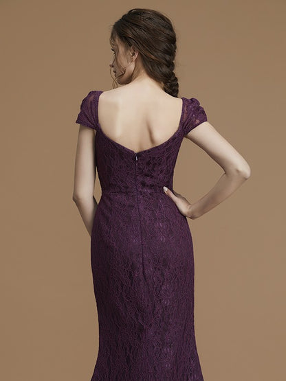 Sheath/Column Sweetheart Short Sleeves Sweep/Brush Train Lace Satin Bridesmaid Dresses