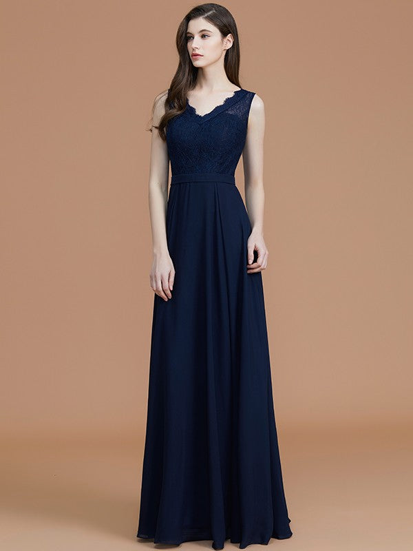 A-Line/Princess V-neck Sleeveless Floor-Length Lace Chiffon Bridesmaid Dresses