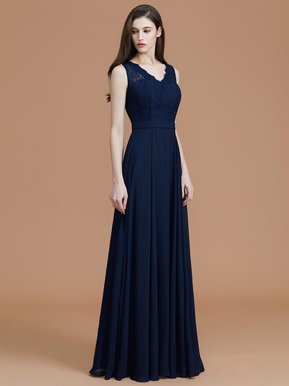 A-Line/Princess V-neck Sleeveless Floor-Length Lace Chiffon Bridesmaid Dresses