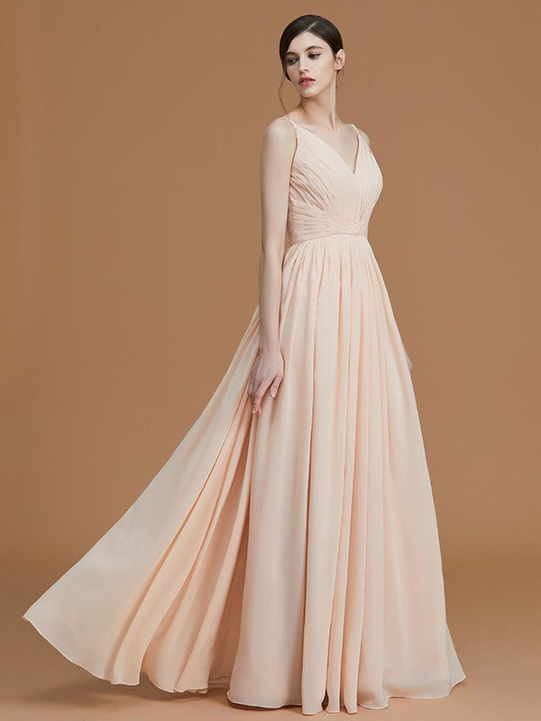 A-Line/Princess V-neck Sleeveless Floor-Length Ruffles Chiffon Bridesmaid Dresses