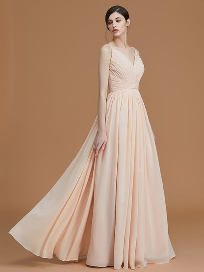 A-Line/Princess V-neck Sleeveless Floor-Length Ruffles Chiffon Bridesmaid Dresses
