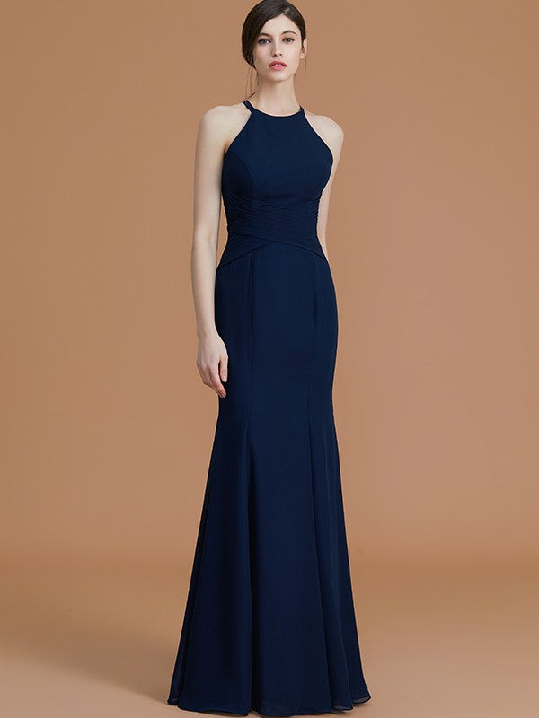 Trumpet/Mermaid Halter Sleeveless Floor-Length Ruched Chiffon Bridesmaid Dresses