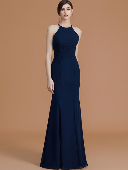 Trumpet/Mermaid Halter Sleeveless Floor-Length Ruched Chiffon Bridesmaid Dresses