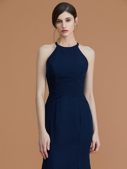 Trumpet/Mermaid Halter Sleeveless Floor-Length Ruched Chiffon Bridesmaid Dresses