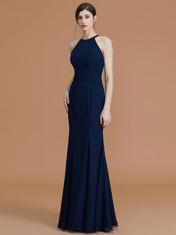 Trumpet/Mermaid Halter Sleeveless Floor-Length Ruched Chiffon Bridesmaid Dresses
