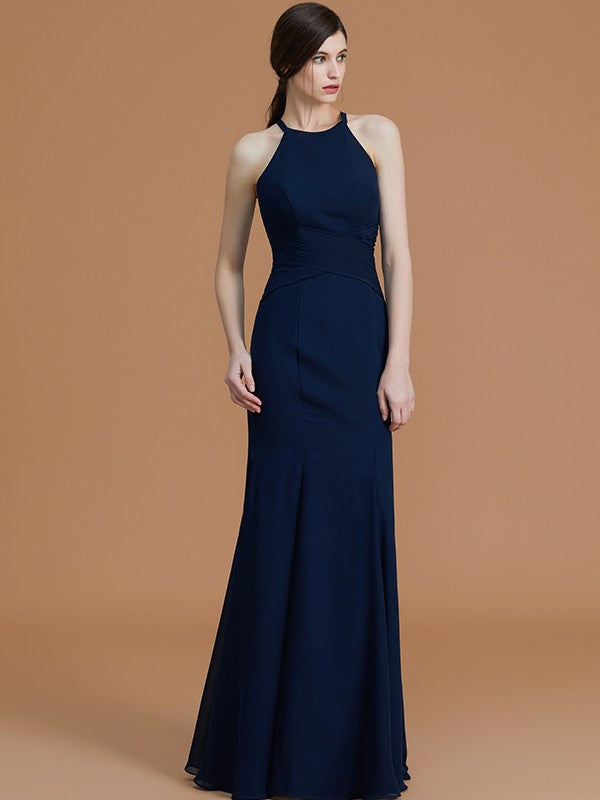 Trumpet/Mermaid Halter Sleeveless Floor-Length Ruched Chiffon Bridesmaid Dresses