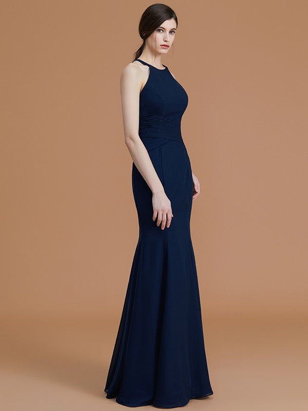 Trumpet/Mermaid Halter Sleeveless Floor-Length Ruched Chiffon Bridesmaid Dresses