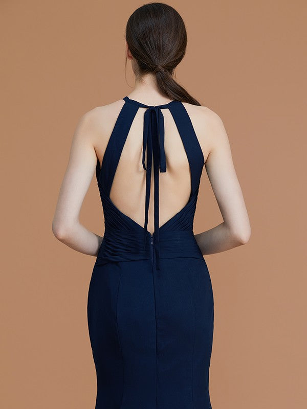 Trumpet/Mermaid Halter Sleeveless Floor-Length Ruched Chiffon Bridesmaid Dresses