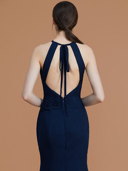 Trumpet/Mermaid Halter Sleeveless Floor-Length Ruched Chiffon Bridesmaid Dresses