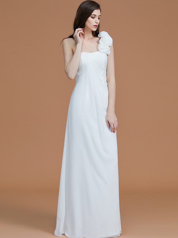 A-Line/Princess One-Shoulder Sleeveless Floor-Length Hand-Made Flower Chiffon Bridesmaid Dresses
