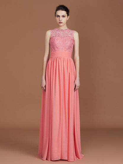 A-Line/Princess Jewel Sleeveless Lace Floor-Length Chiffon Bridesmaid Dresses
