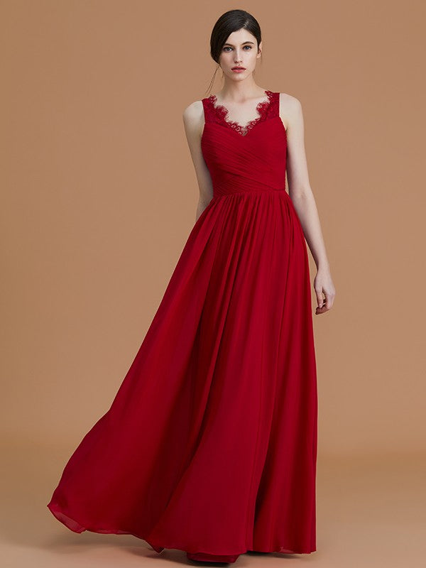 A-Line/Princess V-neck Sleeveless Floor-Length Ruffles Chiffon Bridesmaid Dresses