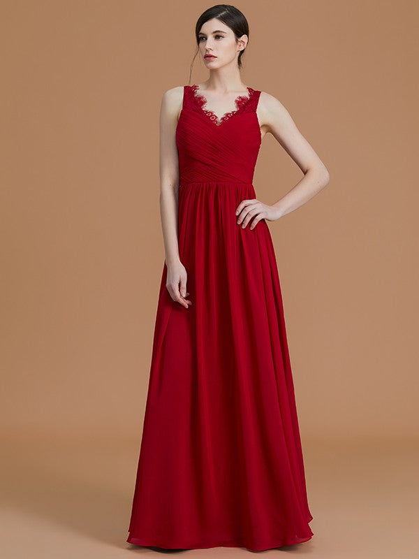 A-Line/Princess V-neck Sleeveless Floor-Length Ruffles Chiffon Bridesmaid Dresses