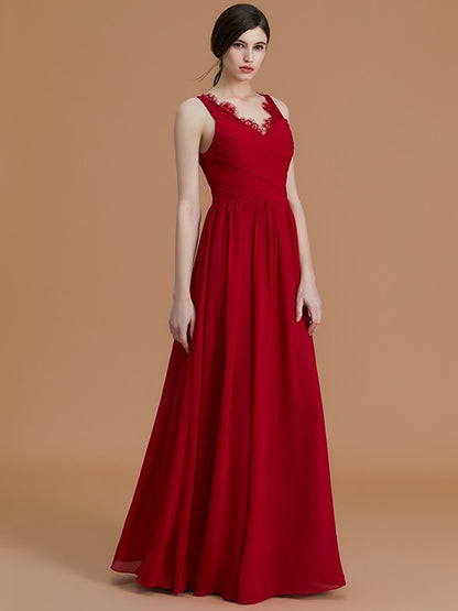 A-Line/Princess V-neck Sleeveless Floor-Length Ruffles Chiffon Bridesmaid Dresses