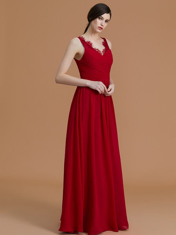 A-Line/Princess V-neck Sleeveless Floor-Length Ruffles Chiffon Bridesmaid Dresses