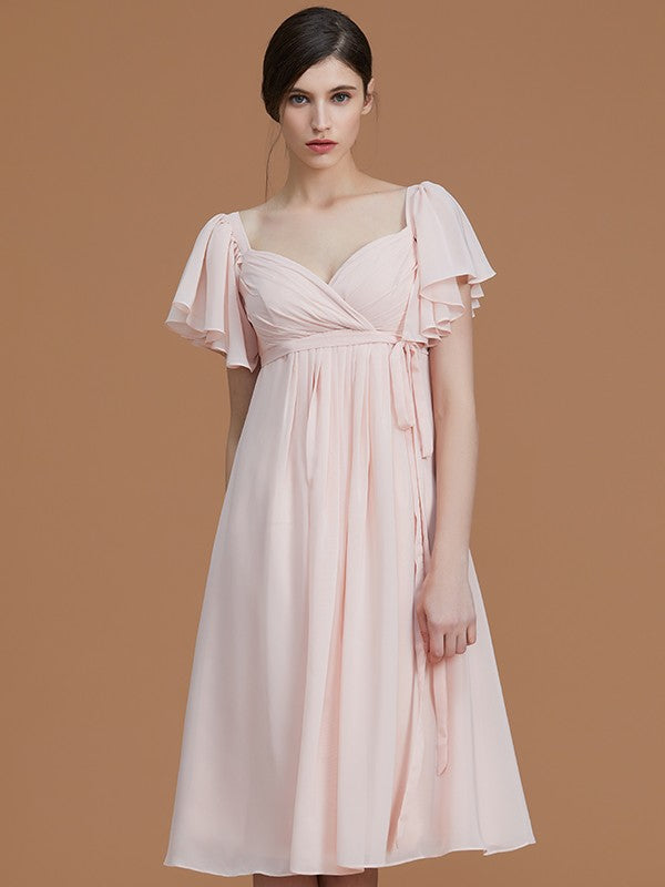Empire Sweetheart Short Sleeves Knee-Length Ruched Chiffon Bridesmaid Dresses