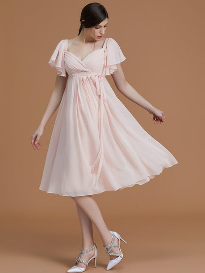 Empire Sweetheart Short Sleeves Knee-Length Ruched Chiffon Bridesmaid Dresses