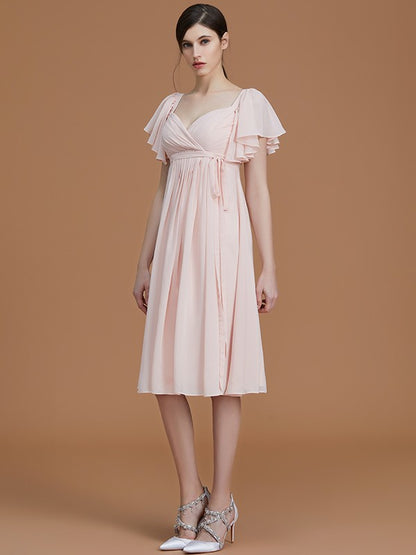 Empire Sweetheart Short Sleeves Knee-Length Ruched Chiffon Bridesmaid Dresses