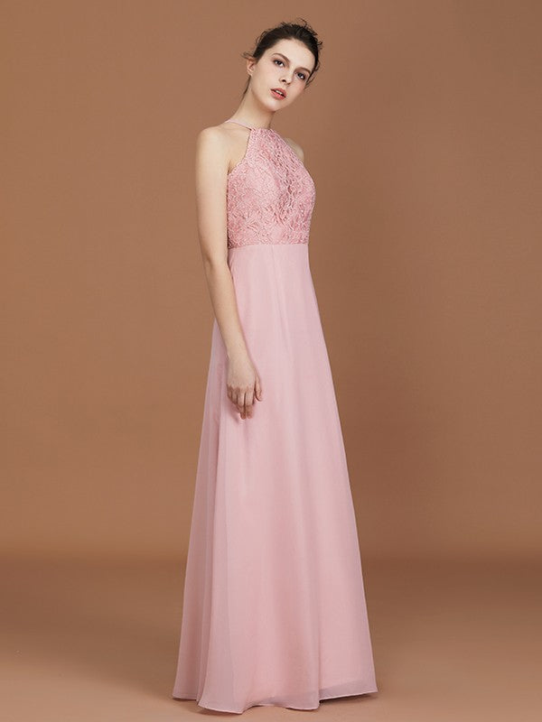 A-Line/Princess Halter Sleeveless Lace Floor-Length Chiffon Bridesmaid Dress