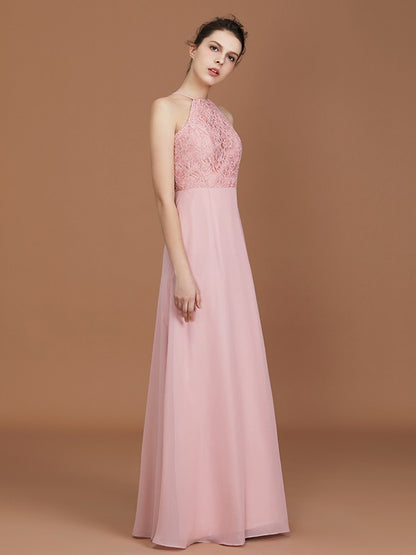 A-Line/Princess Halter Sleeveless Lace Floor-Length Chiffon Bridesmaid Dress