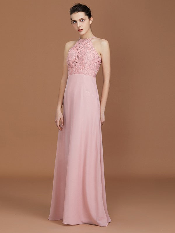 A-Line/Princess Halter Sleeveless Lace Floor-Length Chiffon Bridesmaid Dress