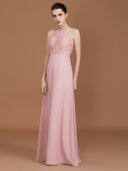 A-Line/Princess Halter Sleeveless Lace Floor-Length Chiffon Bridesmaid Dress